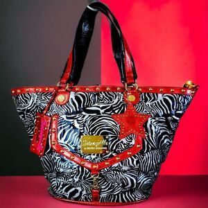 Betsey Johnson metallic red black animal print star tote